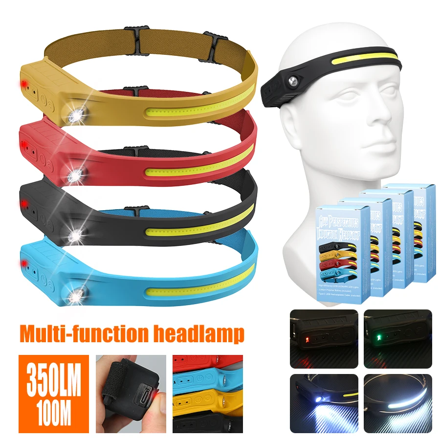 Headlamp Waterproof Rechargeable - Wiederaufladbare Stirnlampe, 350 Lumen, Bewegungsmelder, LED-Scheinwerfer,