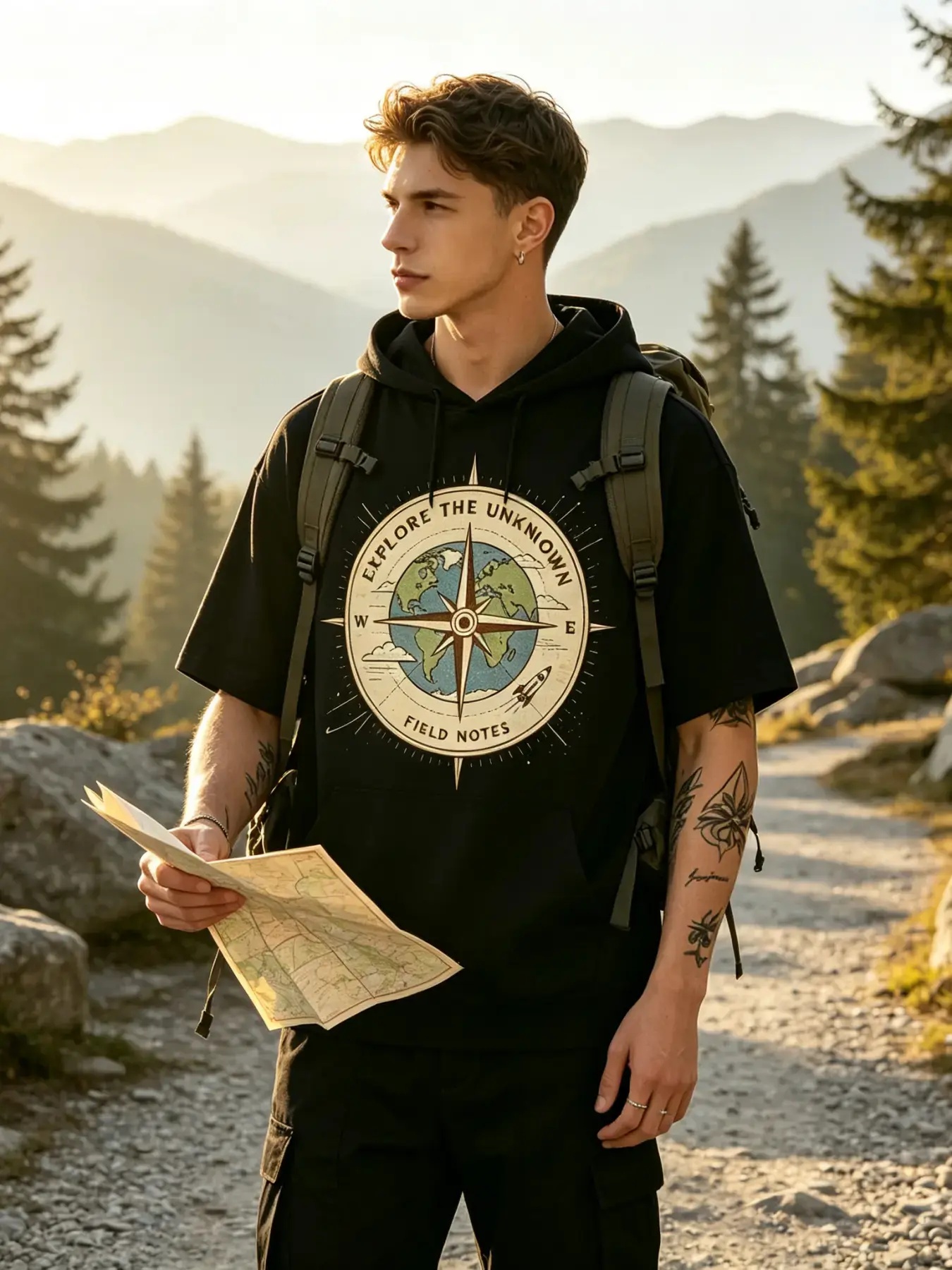 Outdoor Adventure World - Herren-Kurzarm-Hoodie, „Explore The Unknown Compass World