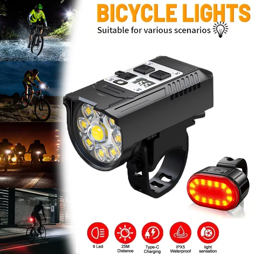 Headlamp Waterproof Rechargeable - 9 LED Fahrrad-Frontlicht USB-Aufladbar Fahrradlampe Superhell