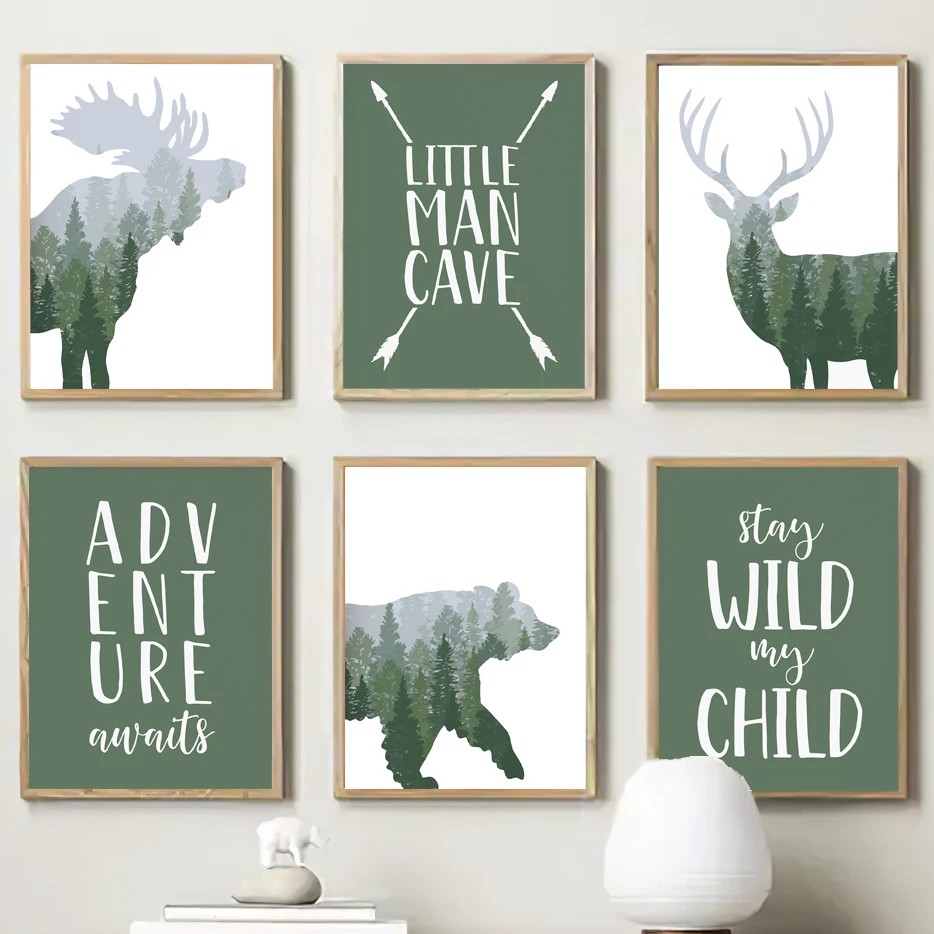 Outdoor Adventure Quotes - Wandkunst-Leinwand mit grünem Waldmotiv, Hirsch, Bär,