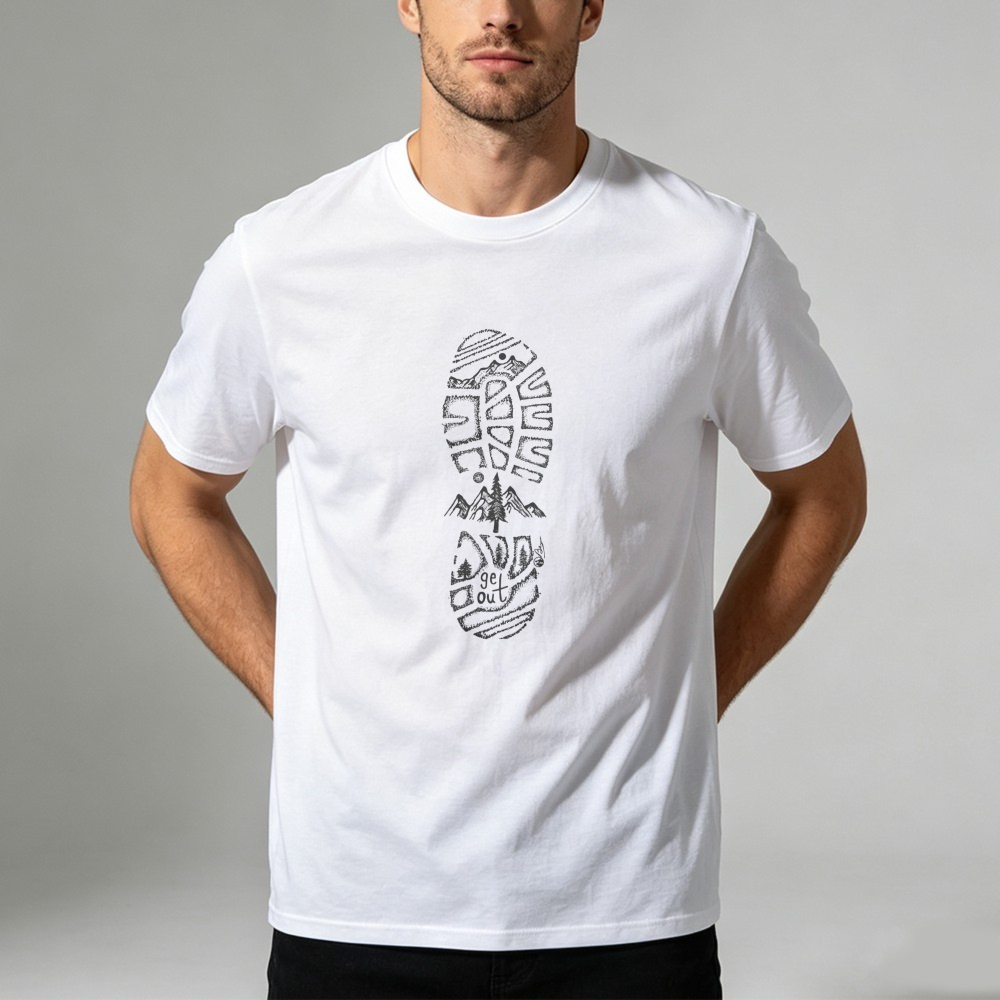 Outdoor Adventure Quotes - T-Shirt mit Berglandschaft und Stiefelabdruck, Wanderweg,